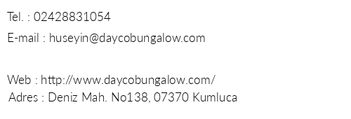 Dayco Bungalow Pansiyon telefon numaralar, faks, e-mail, posta adresi ve iletiim bilgileri